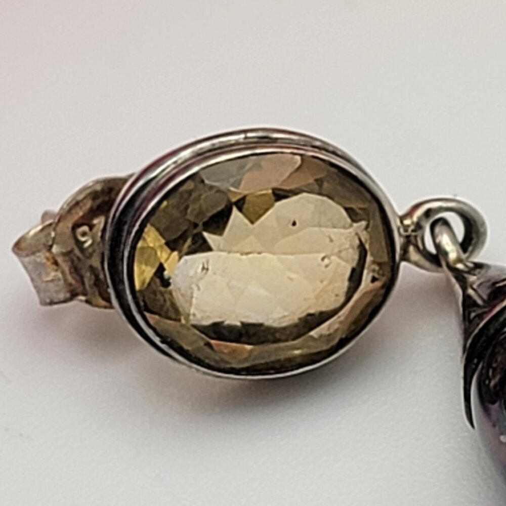 925 Sterling Silver Citrine And Peacock Pearl Teardrop Earrings Pierced  1.5" - Picture 3 of 10